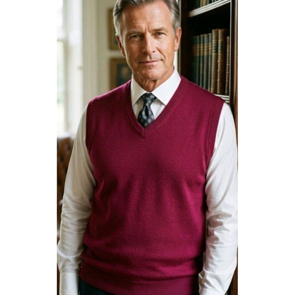 Kallspin Men's Vest Size XL Burgundy Cashmere Blend V Neck